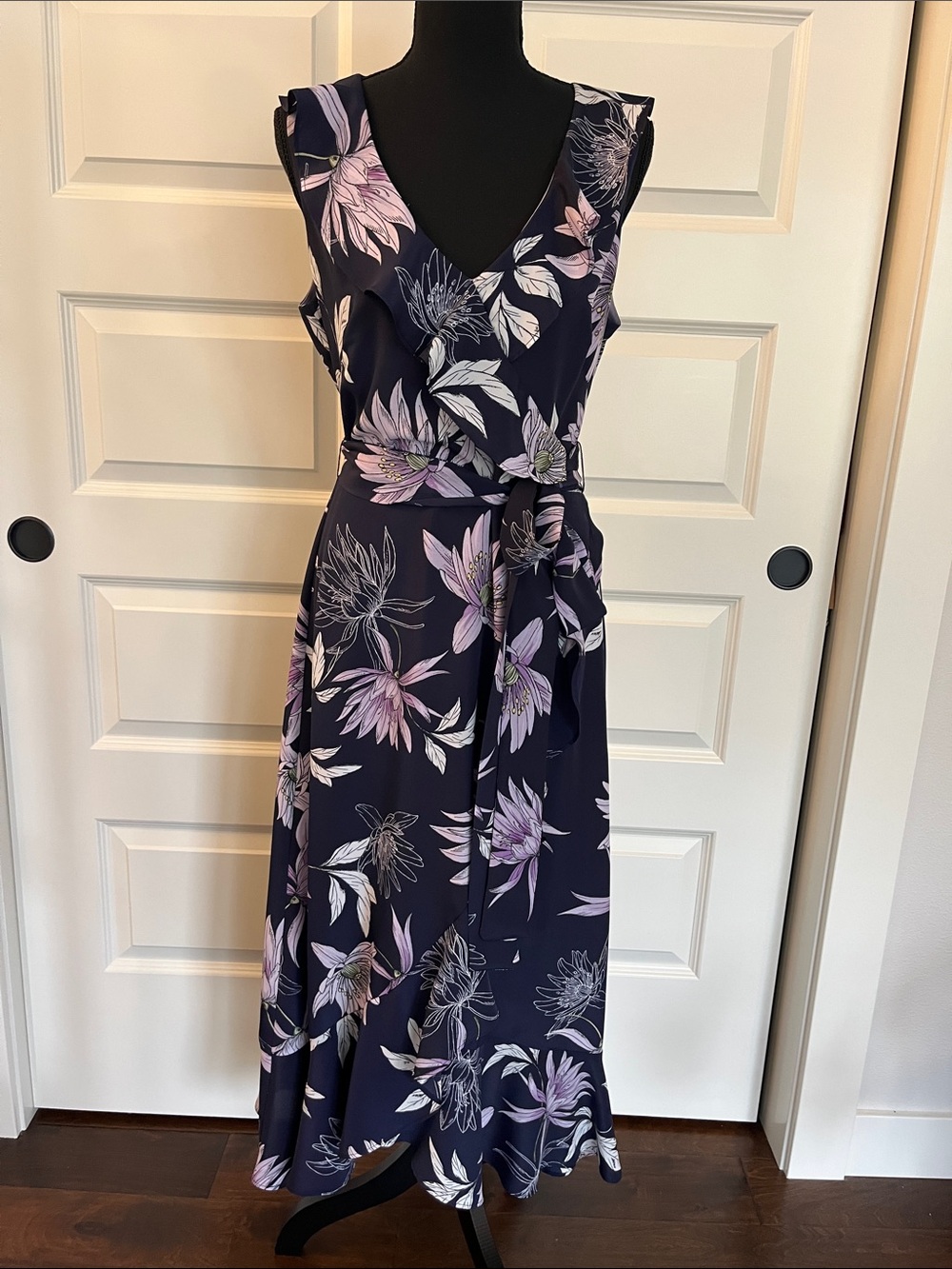 Vince Camuto Navy Floral Midi Wrap Dress with Lavender Print